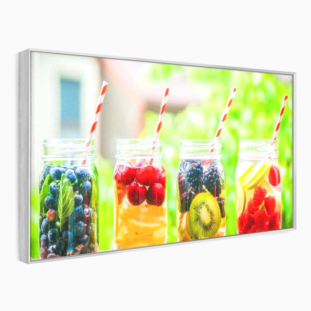 Tablou canvas cu patru borcane cu limonada de fructe, in rama de aluminiu argintiu